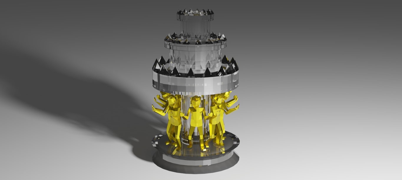 A model of a tall diamond puck with 8 people inside it facing outwards.
