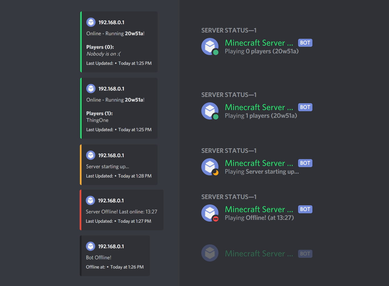 Screenshots showing various states of the discord bot.