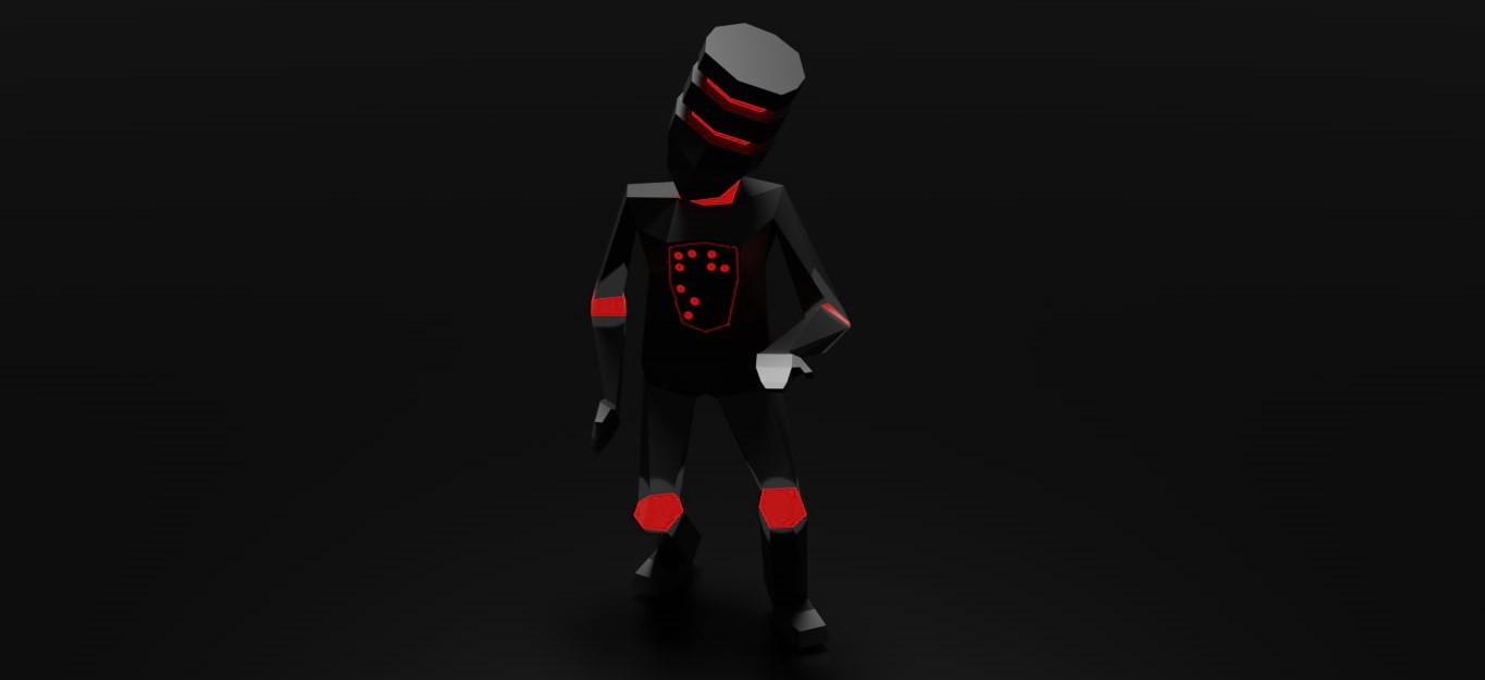 Image of a rendered humanoid robot. It is black with red accents on the head and joints.